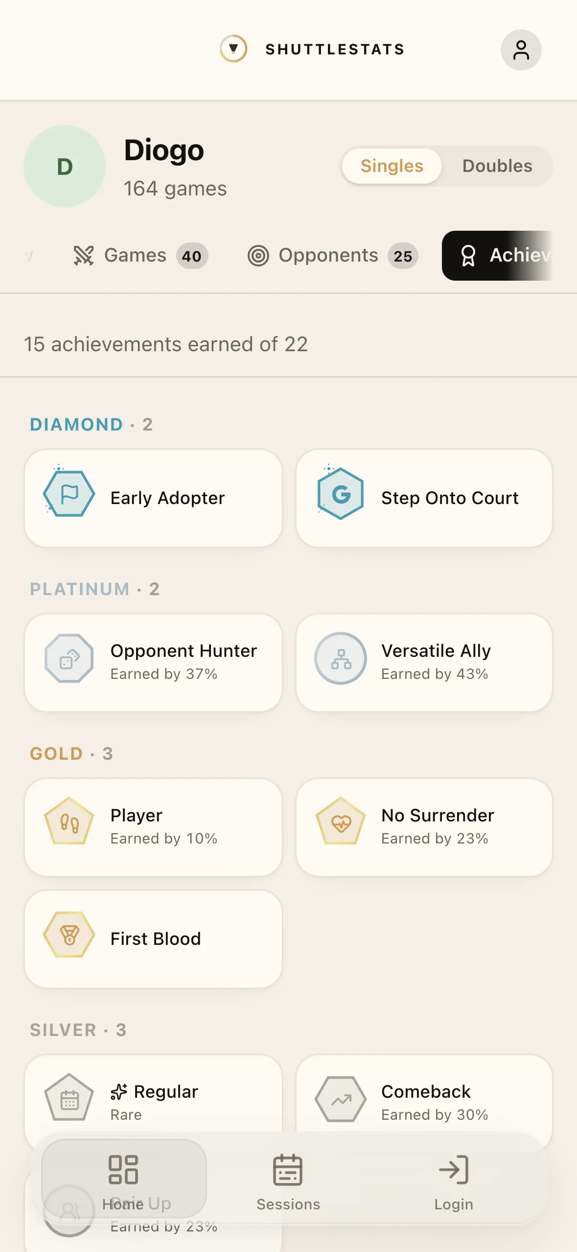 A player's achievement wall — earned badges grouped by tier with rarity.