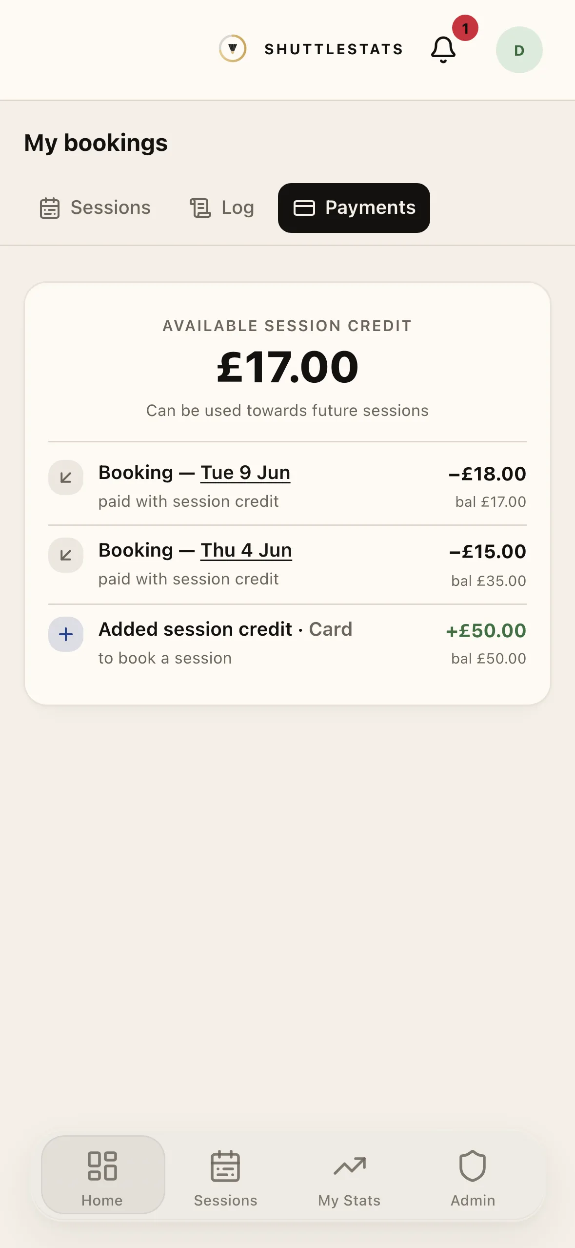 A member's session-credit balance and recent payments.