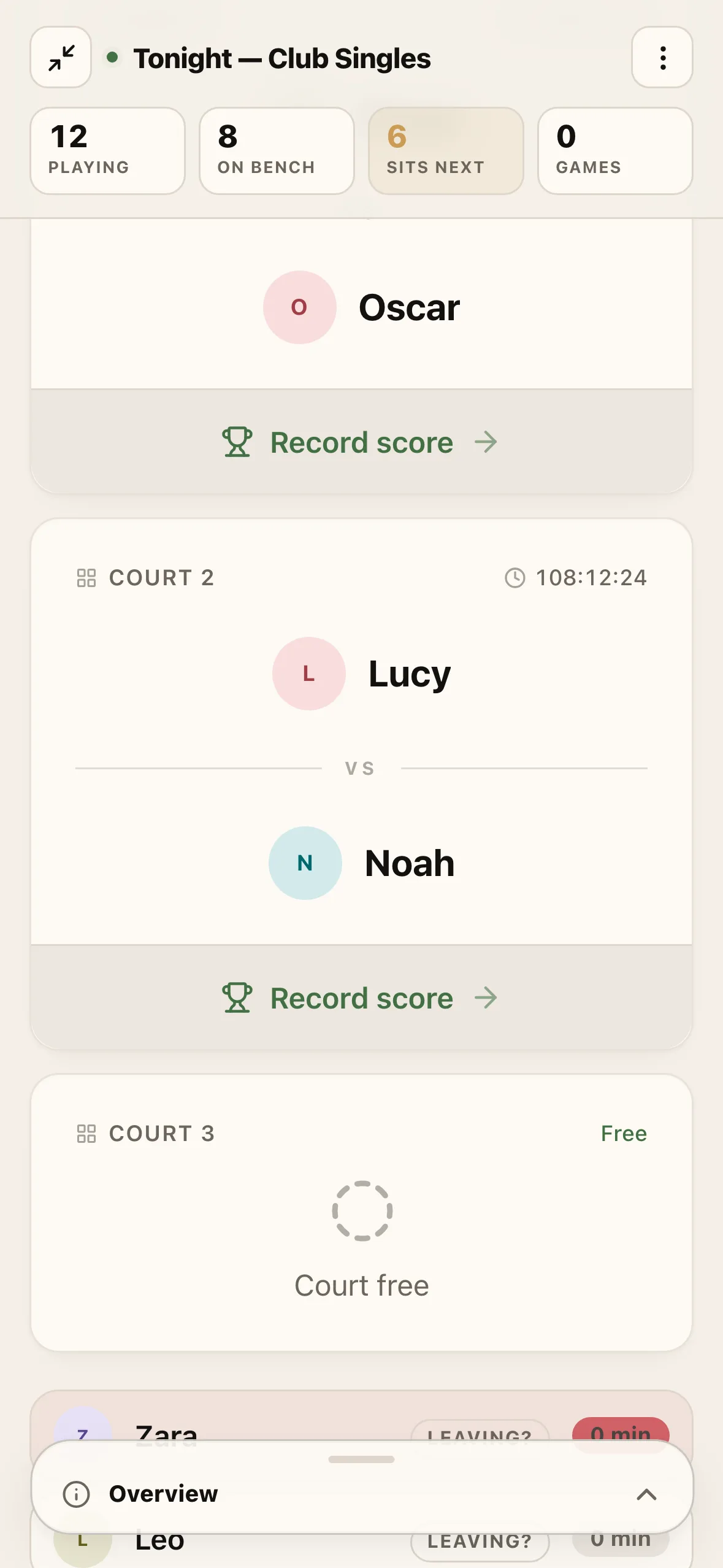 The live court board on a phone — courts, the next-call pairing and the bench.
