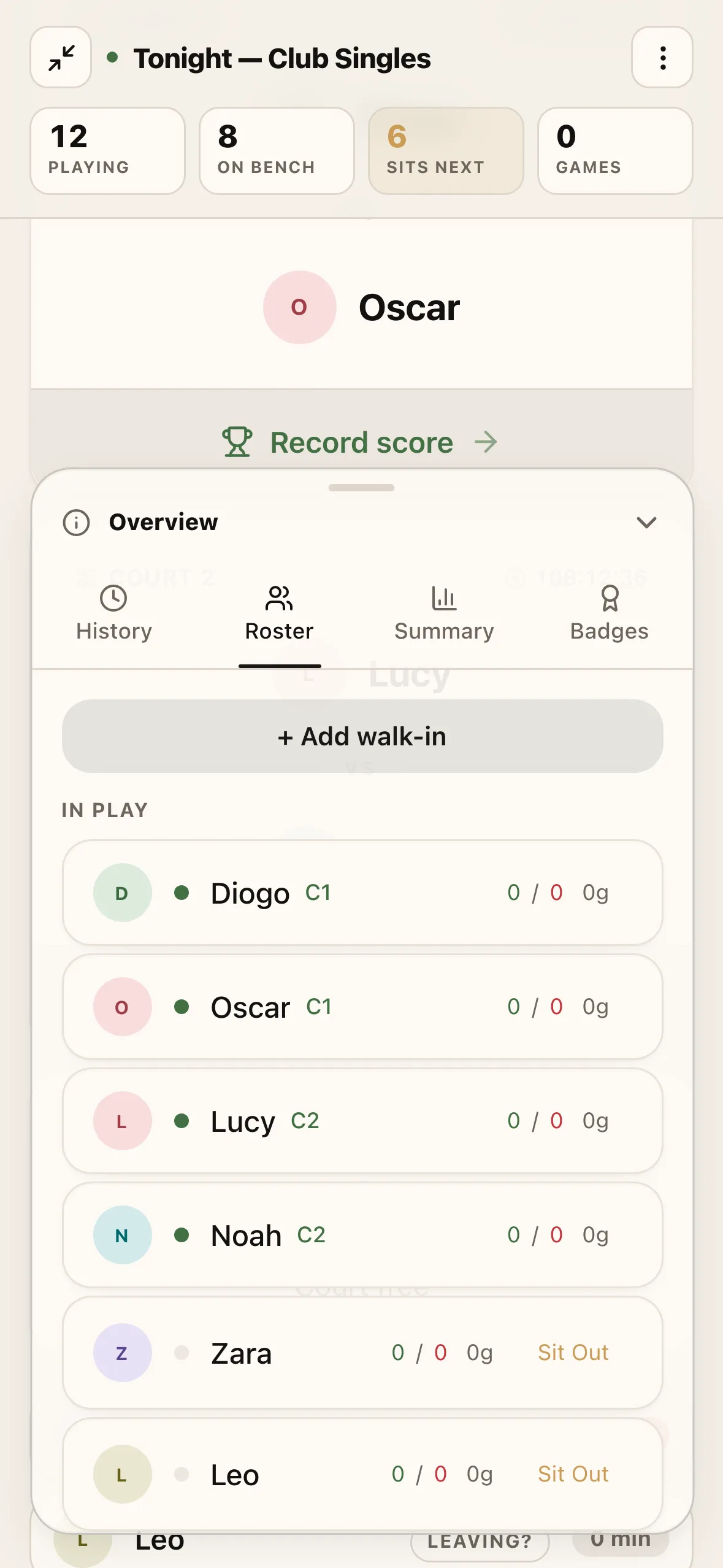 The live session on your phone — who's in play, on the bench, and up next.