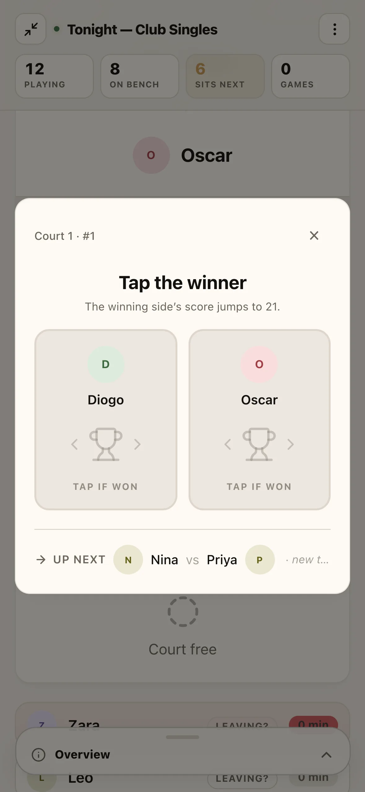 Recording a result on the phone — tap the winner.