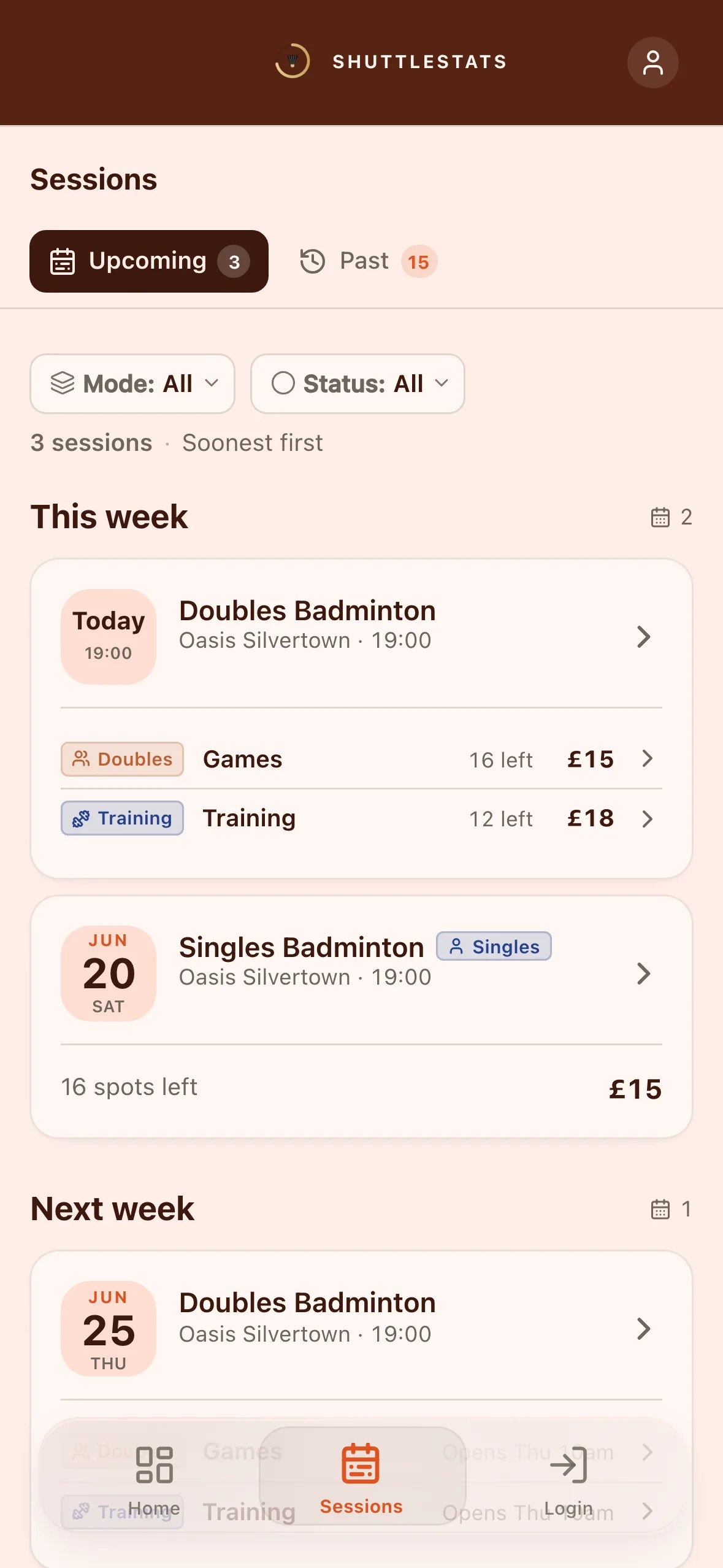 Phoenix Smash — the sessions list in the club's own colours.