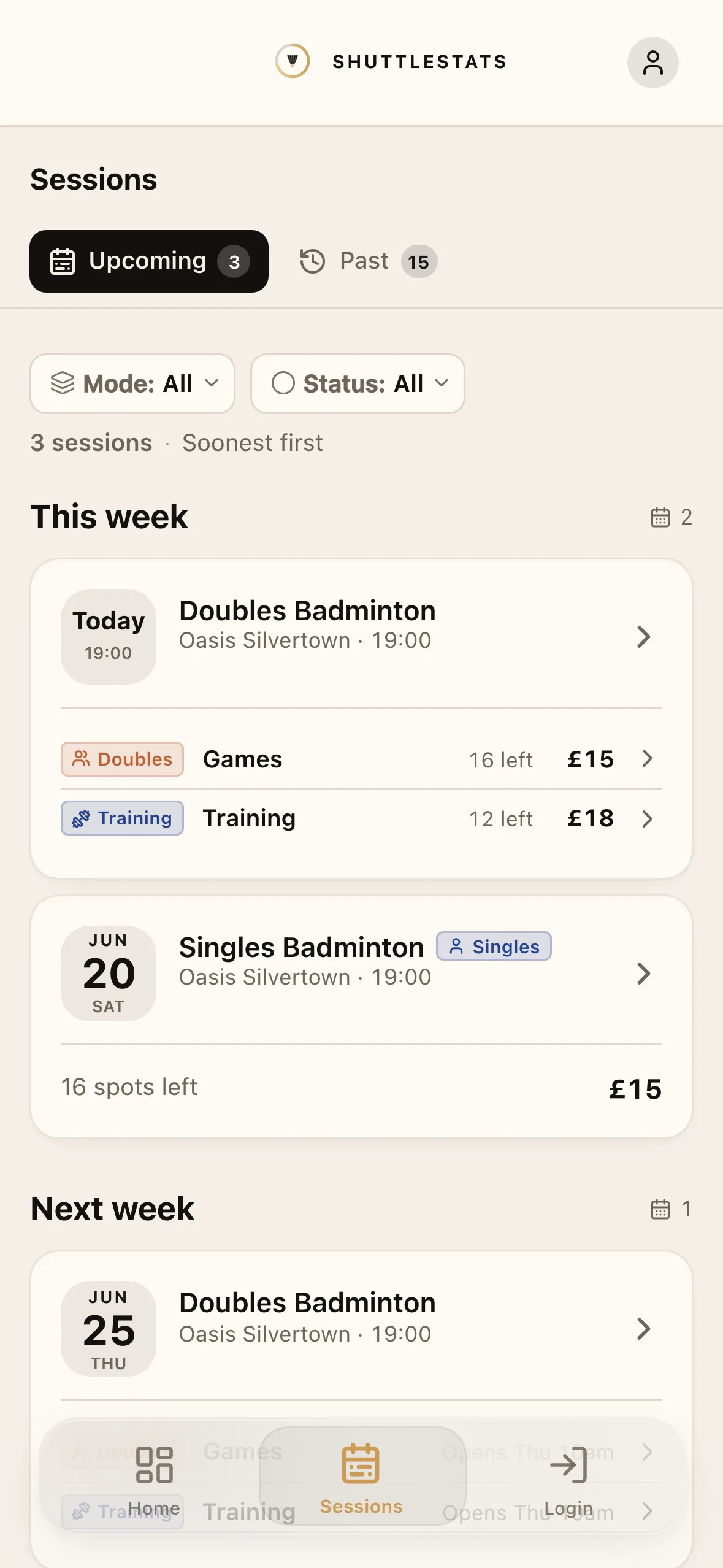 The sessions list — plan and open a club night.