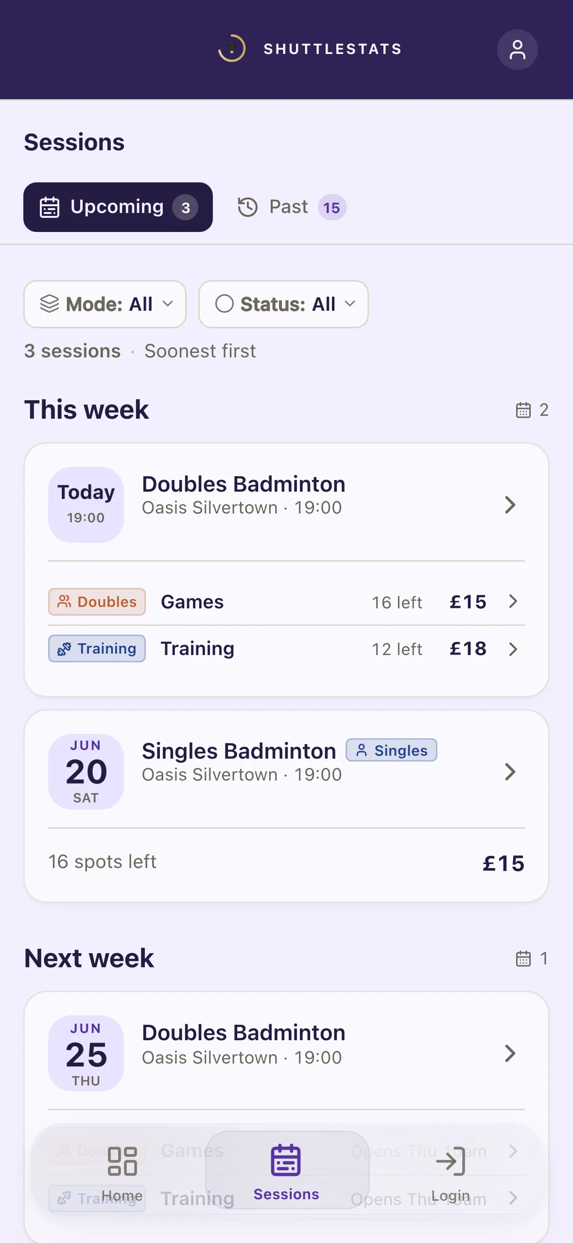 Northgate Badminton — the sessions list in the club's own colours.